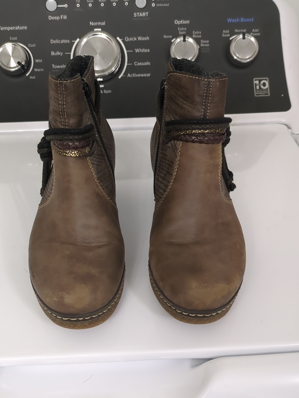 Rieker Brown Leather Zip Ankle Boots with Braided Accent